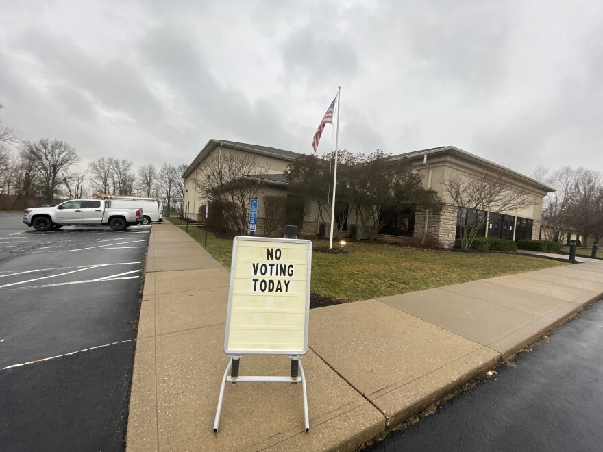 A sign was set out to greet would-be voters at a polling place in Powell in Delaware County, telling them there would be no in-person voting today.