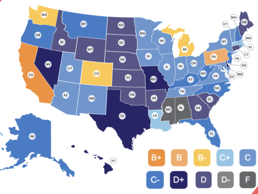 State scores for maternal mental health based on the report by the Policy Center for Maternal Mental Health and George Washington University.