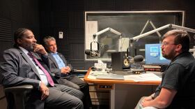 Albany County Legislator Mark Robinson, left, Legislature Minority Leader Frank Mauriello, center, and WAMC's Andrew Pugliese discuss legislation the lawmakers are proposing to curb teen violence.