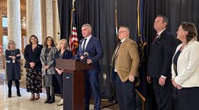 Rep. Bob Morris, R-Fort Wayne, and eight other lawmakers attend a rally on Monday, Feb. 3, 2025, at the Indiana Statehouse in support of Morris’ proposal to alter or abolish the death penalty in Indiana.