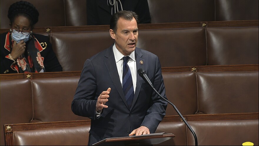 In this image from video, Rep. Tom Suozzi, D-N.Y., speaks on the floor of the House of Representatives at the U.S. Capitol in Washington, Thursday, April 23, 2020.