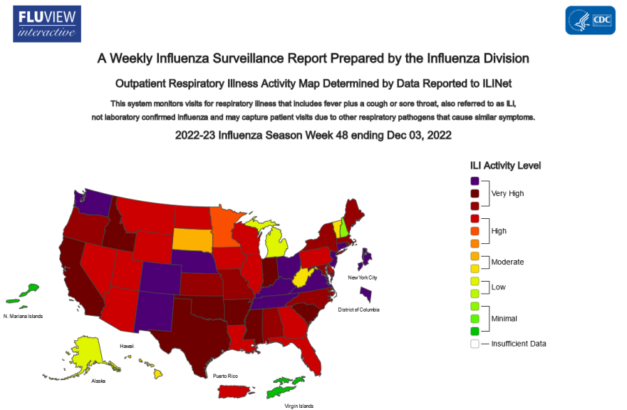 A map of the United States with states highlighted based on their level of flu activity. 