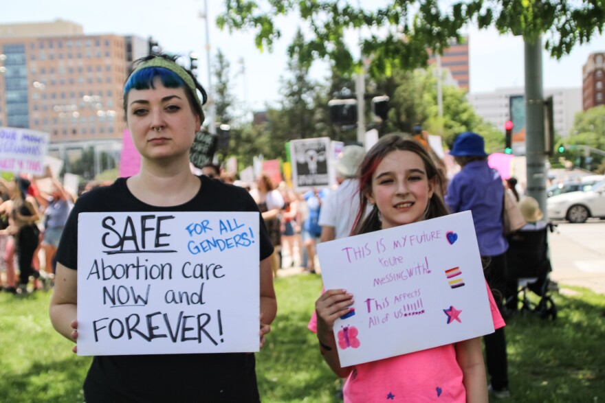 Celeste Shepherd, and her daughter Addison, came to the rally Saturday. Shepherd, who has had two abortions, said she's been struggling since the Supreme Court draft was leaked.