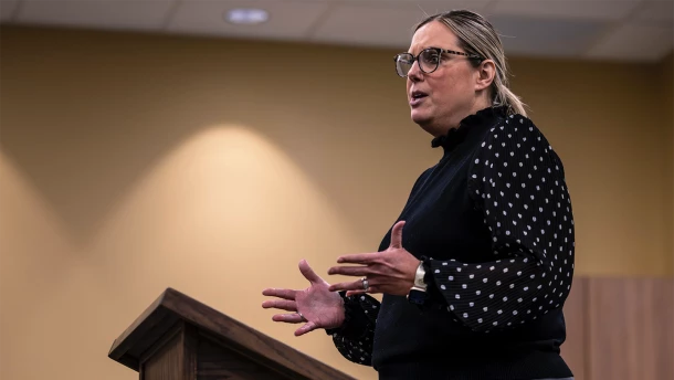 St. Francis Foundation Director of Development Megan Jennings gives an update on the Mosaic Medical Center-Maryville's new women's health clinic during the Maryville City Council meeting Feb. 9. The comprehensive clinic is expected to be open by April.
