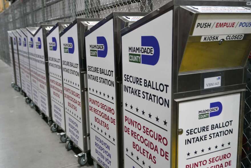 Ballot boxes are lined up as employees test voting equipment at the Miami-Dade County Elections Department, Wednesday, Oct. 19, 2022, in Miami, in advance of the 2022 midterm elections on Nov. 8. (AP Photo/Lynne Sladky)