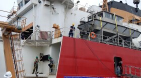 Scientists and crew prepping the Healy for a voyage to the North Pole
