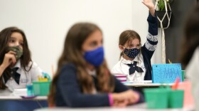Children sitting at desks, one girl raising her hand