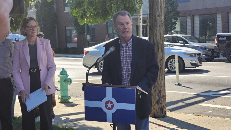 Indianapolis Mayor Joe Hogsett speaks at the ribbon cutting ceremony for the Michigan Street 2 way traffic conversion.