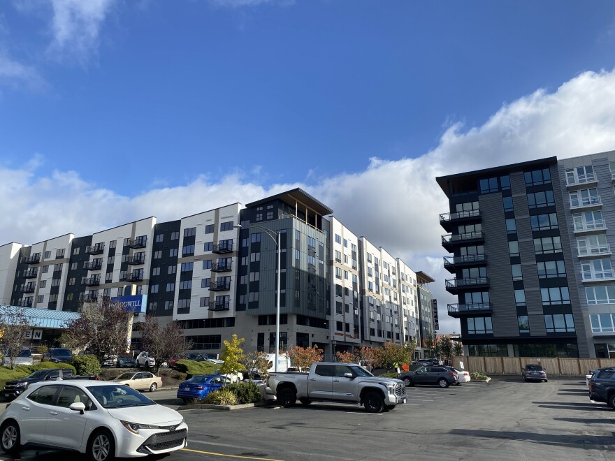 Apartments in Lynnwood, Washington, on a clear day with blue skies. 