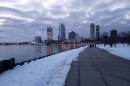 View of Milwaukee lakefront from Veteran's Park on a cold and snowy January evening.