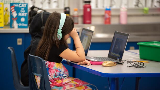 First graders work on assignments on laptops at Epic Charter Schools' Stonegate Virtual Learning Center in Oklahoma City on Feb. 28, 2023.
