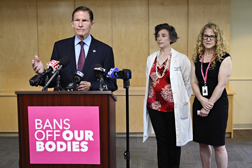 (L-R) Sen. Richard Blumenthal, Dr. Nancy Stanwood, Planned Parenthood of Southern New England Chief Medical Officer, and Amanda Skinner, President and CEO advocate for abortion protections at a press conference at Planned Parenthood New Haven following overturn of Roe v. Wade. On July 1, a Connecticut law will go into effect expanding the types of health care providers who can perform certain kinds of abortion procedures.