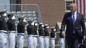 President Donald Trump arrives to give the commencement address at the U.S. Coast Guard Academy in New London, Conn. (Susan Walsh/AP)