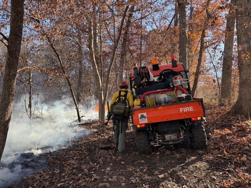 The Kansas Forest Service helps carry out a controlled fire south of Lawrence in November 2023.