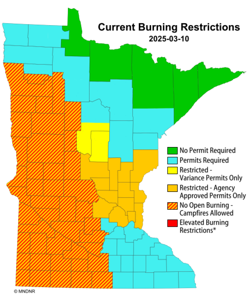 A map, current on March 10, 2025, indicating which counties are impacted by the red flag warning.