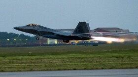 An F-22 Raptor, assigned to the 94th Fighter Squadron, takes off from Langley, Virginia.