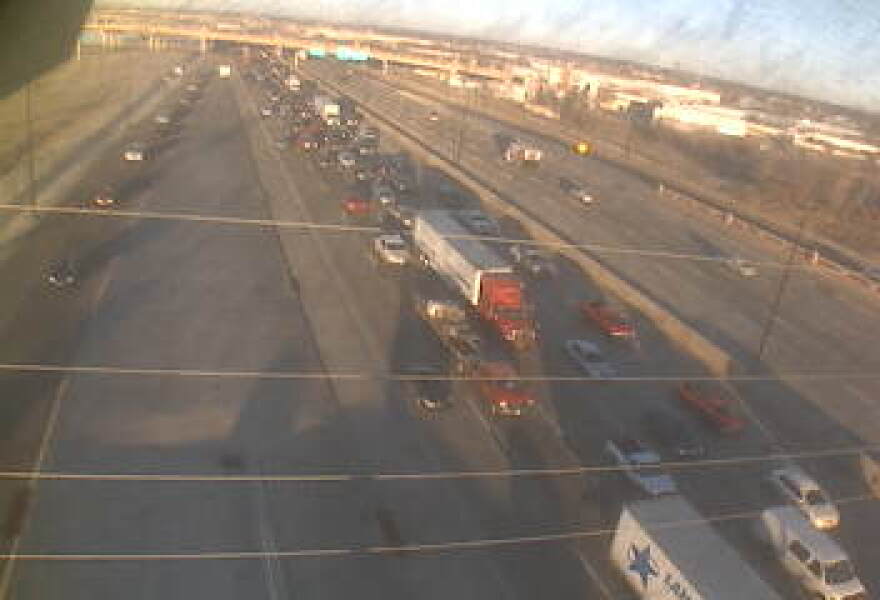 Traffic sits at a standstill I-40 eastbound through downtown Oklahoma City early Thursday morning. Freezing fog caused icy bridges and overpasses in parts of Oklahoma.