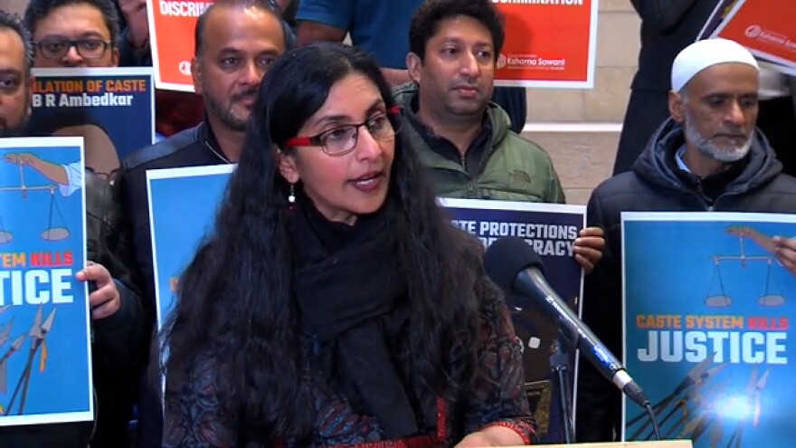 Seattle City Council member Kshama Sawant announcing her proposal to ban caste oppression