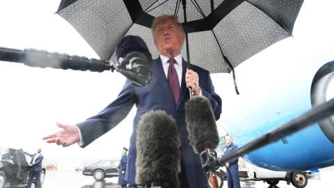 President Donald Trump speaks to the media after disembarking Air Force One at Reading Regional Airport, Tuesday, June 23, 2026, in Reading, Pa. 