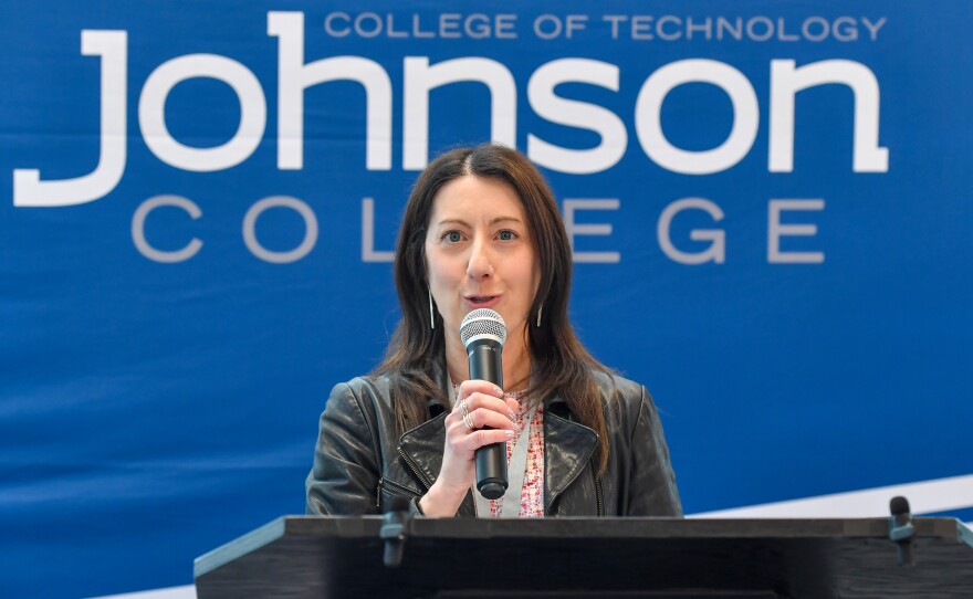Katie Leonard, president and CEO of Johnson College, welcomes the public to the new Ideal Saldi Hall.