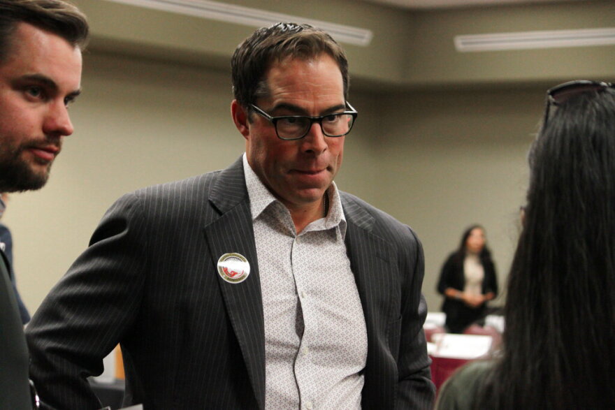 Republican gubernatorial candidate Mark Ronchetti meets with people ahead of a political forum hosted by the All Pueblo Council of Governors in Albuquerque, N.M., on Friday, Oct. 14, 2022. (AP Photo/Susan Montoya Bryan)
