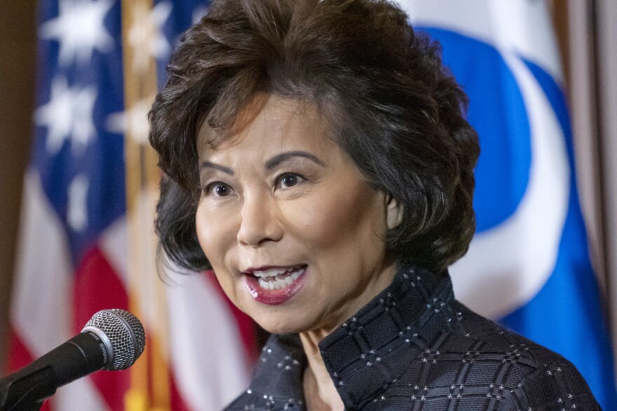 FILE - In this Sept. 18, 2019 file photo Transportation Secretary Elaine Chao speaks at EPA headquarters in Washington. Chao is resigning effective Monday, becoming the highest ranking member of President Donald Trump’s administration to resign in protest after the pro-Trump insurrection at Capitol. In a statement Thursday, Chao, who is married to Senate GOP leader Mitch McConnell, said the violent attack on the Capitol “has deeply troubled me in a way that I simply cannot set aside.” (AP Photo/J. Scott Applewhite)