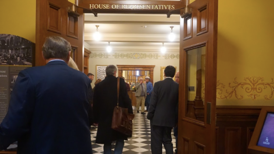 The Wyoming House of Representatives takes a break during session.