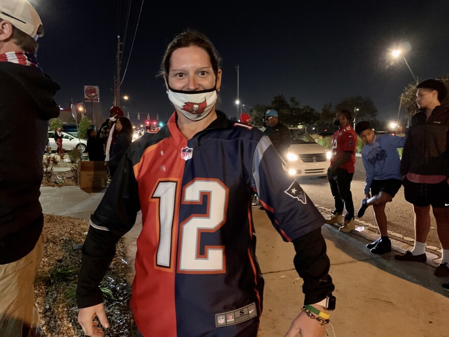 Angie Nielsen, wearing a split Tom Brady jersey, came down from Illinois for the Super Bow.