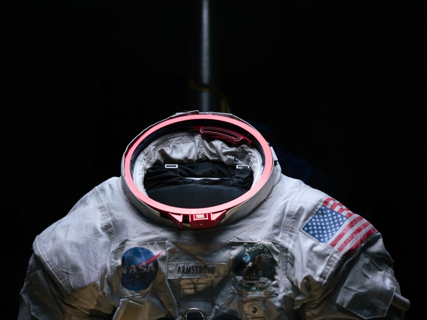 The spacesuit was engineered to help Neil Armstrong easily connect his equipment. The suit's metal fittings are brightly colored so that even in the excitement of the moon landing, Armstrong could attach his helmet, air tubes and gloves.