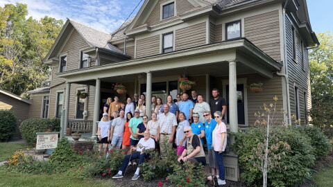 Descendants of Eric Jansson and their spouses gather at Jansson's home in Bishop Hill during the 180th anniversary of the colony's founding.