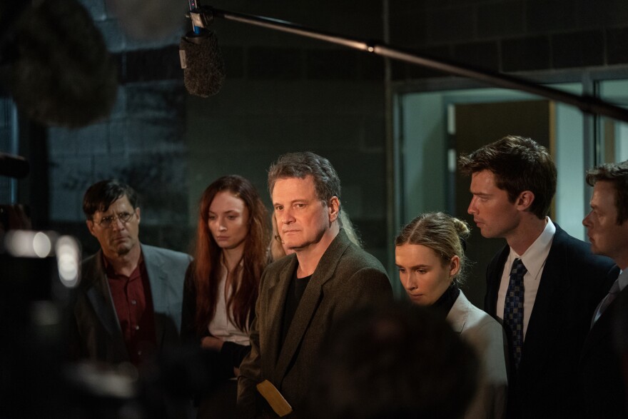 Tim Guinee, Sophie Turner, Colin Firth, Olivia DeJonge, and Patrick Schwarzenegger in HBO Max’s ‘The Staircase.’