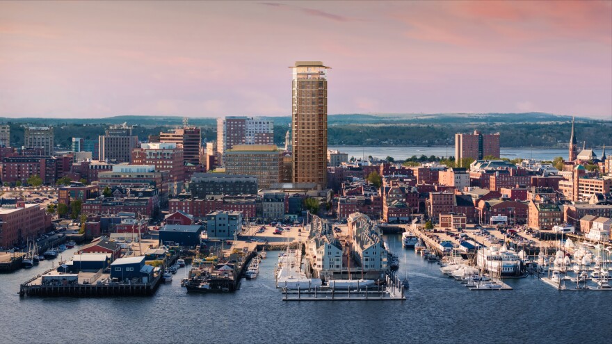 A rendering from a group of developers and architects shows the proposed 30-story building in Portland's downtown area from the coastline.