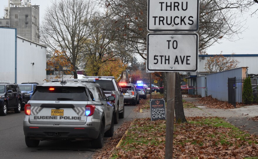 Police blocking traffic near 1st and Madison in Eugene, Nov. 12, 2025.