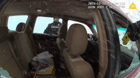 A screenshot from Bethel Police Department (BPD) body cam footage provided to KYUK through a public records request shows former BPD officer Jonathan Murphy during an alleged assault of 44-year-old Bernard Mael in Bethel on Dec. 23, 2023.