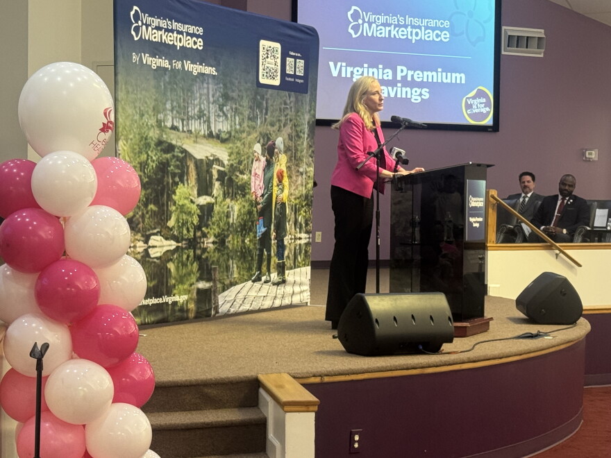 Gov. Abigail Spanberger addresses community members and state officials at Gethsemane Community Church in Norfolk on Wednesday. State leaders gathered to announce a new $150 million state fund aimed at lowering monthly marketplace health insurance premiums for eligible Virginians.
