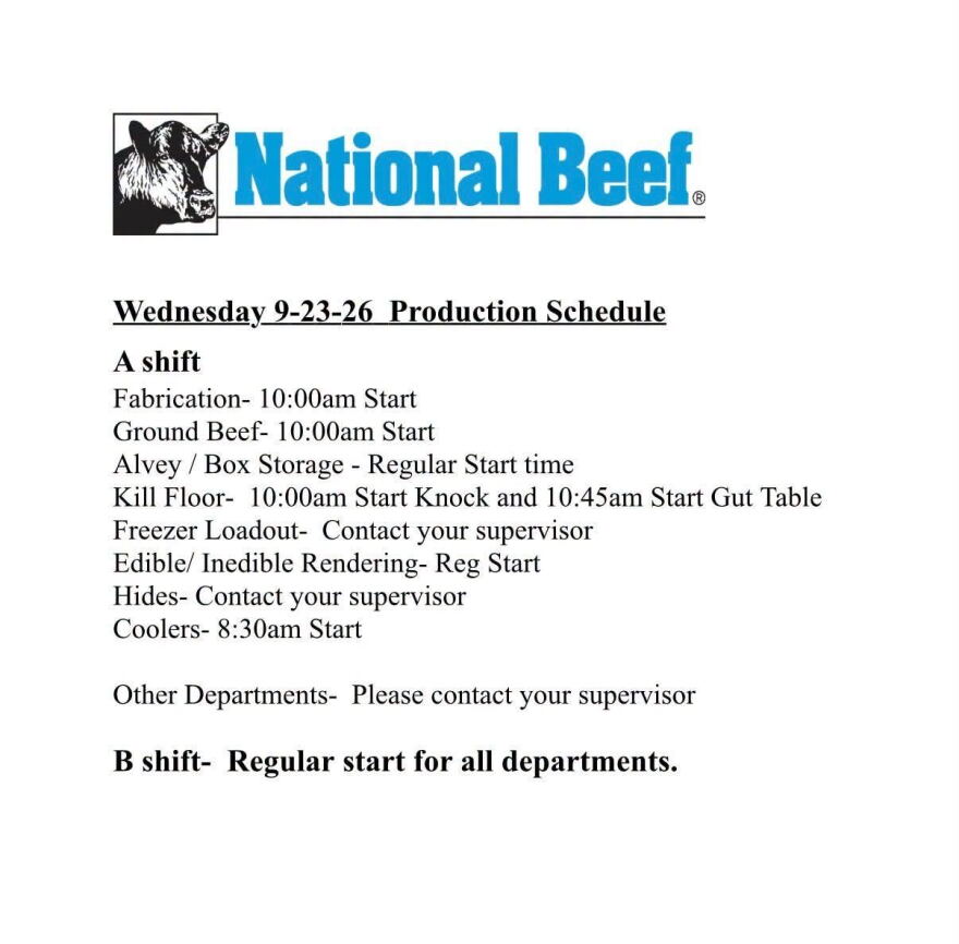 National Beef sent an alert about shift delays.