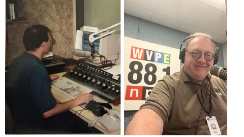 Left: Tony Krabill in the WVPE production studio in 1999. Right: Tony on May 28, 2026.