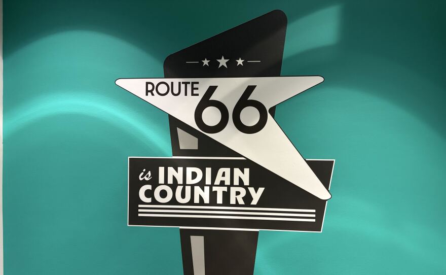 Display sign featured in exhibit "Route 66 is Indian Country" at Museum of Indian Arts and Culture