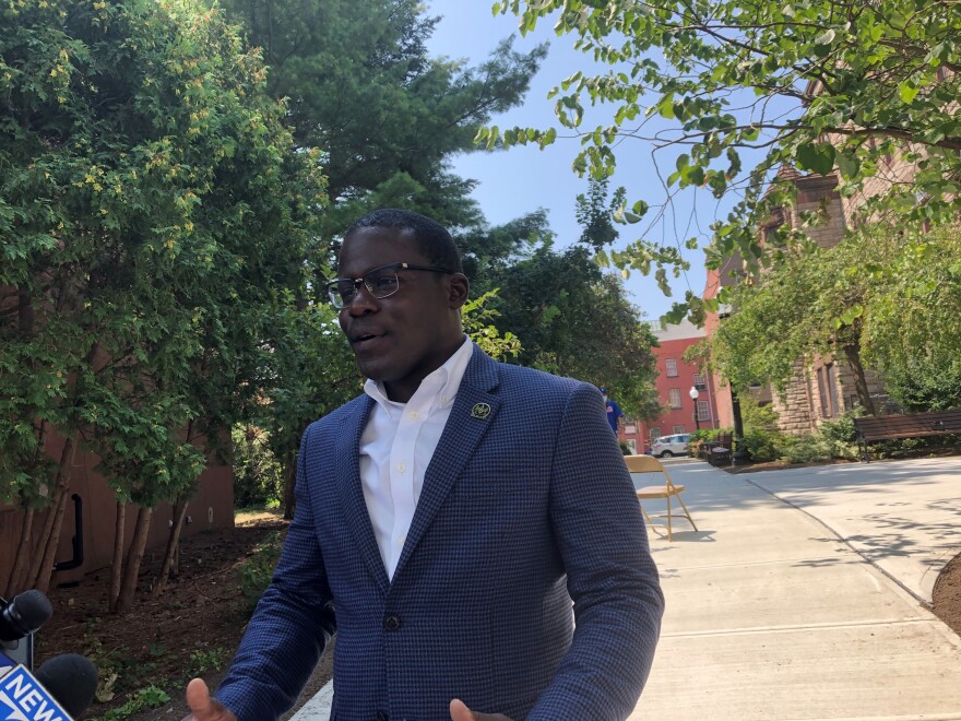 10th ward Common Councilor Owusu Anane speaks with reporters outside City Hall (August 6, 2021).