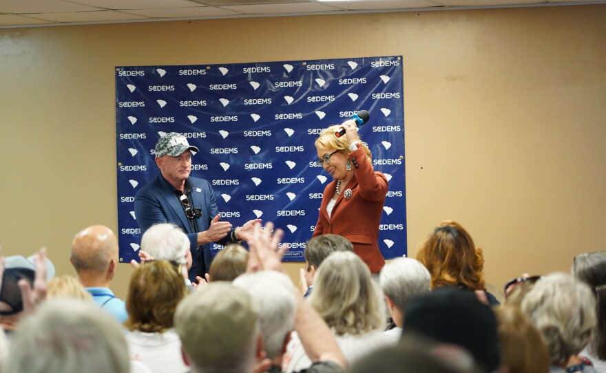 Possible 2028 Democratic presidential candidate Arizona U.S. Sen. Mark Kelly and his wife, Gabby Giffords, spoke with voters in Mauldin, S.C., on Friday, Oct. 2, 2026.