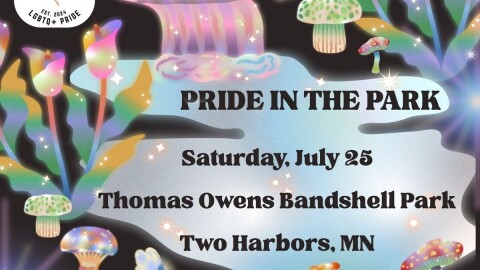 Poster for "Pride in the Park" with list of events against a colorful, artistic rendering of plants and water