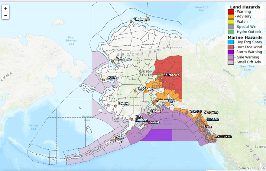 The National Weather Service has issued a winter storm warning for the area shaded in red and a winter storm advisory for the area shaded in orange, which includes Fairbanks.