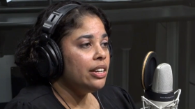 Jennifer Adair in a radio studeio 