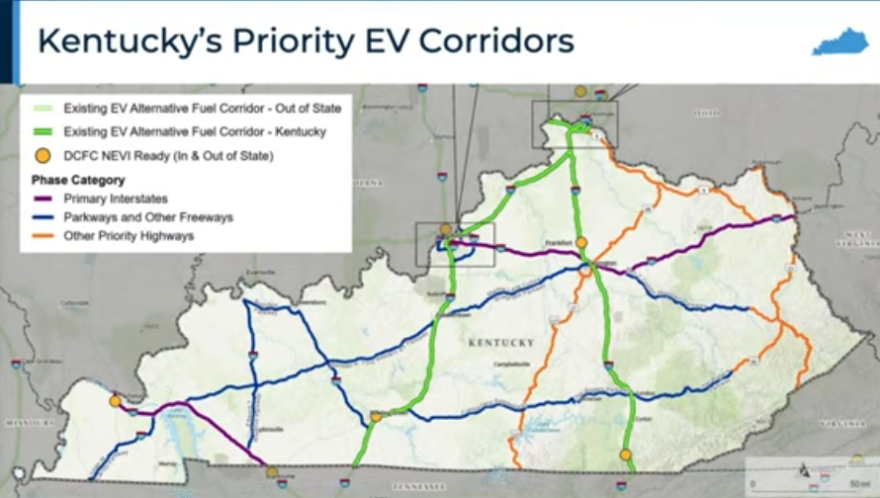A map of proposed EV charging station routes in Kentucky