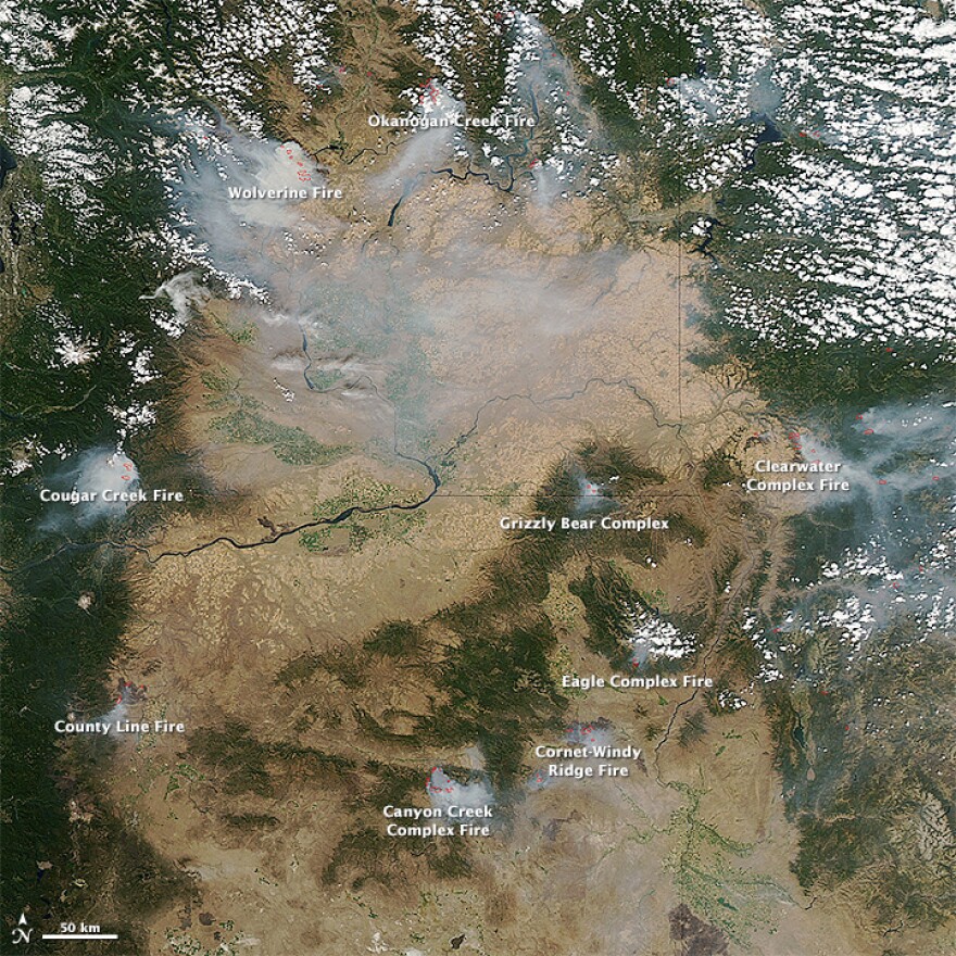 This photo from Aug. 16, 2015 shows several of the wildfires being fought in Washington and Oregon.