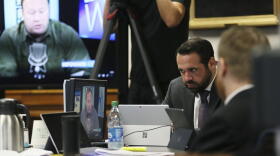 Bill Ogden, partner with the firm representing Neil Heslin and Scarlett Lewis, parents of parents of Sandy Hook shooting victim Jesse Lewis, reacts while watching a clip from InfoWars during the trial for Alex Jones on July 28, 2022. Although Jones portrays the lawsuit against him as an assault on the First Amendment, the parents who sued him say his statements were so malicious and obviously false that they fell well outside the bounds of speech protected by the constitutional clause.