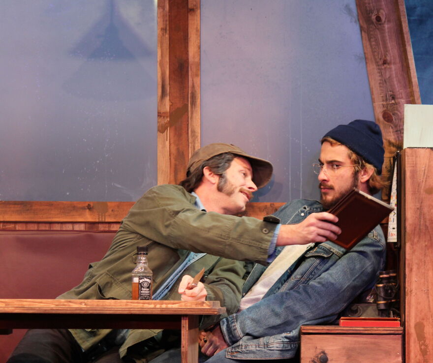 Dreyfuss (Cody Farkas, right) found Robert Shaw's physicality as intimidating as his professional accomplishments, which included performing Shakespeare, which Dreyfuss had not done.
