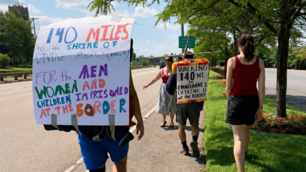 Plymouth Justice Walk organizer Chris Tansey says this is the second time he and his friend Connor May have planned a walk to raise awareness about immigrant justice. This photo is from the first walk in 2019 from Dorchester to the Shrine of Divine Mercy in Stockbridge. The purpose was to raise awareness about U.S. immigration policy that allowed for the separation of immigrant children from their families at the U.S.-Mexico border.
