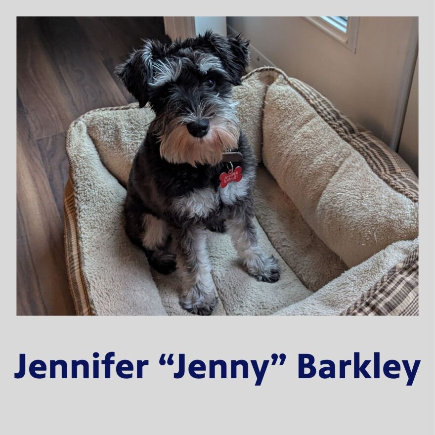 Photo of Jennifer "Jenny" Barkley the dog in a polaroid frame with their name in bold, blue text underneath.