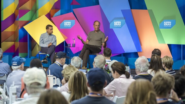 Journalist Fareed Zakaria, left, interviews BlackRock CEO Larry Fink during an Aspen Ideas Festival panel on Tuesday, July 30, 2026. During the talk, Fink expressed excitement about AI’s contribution to the U.S. economy.